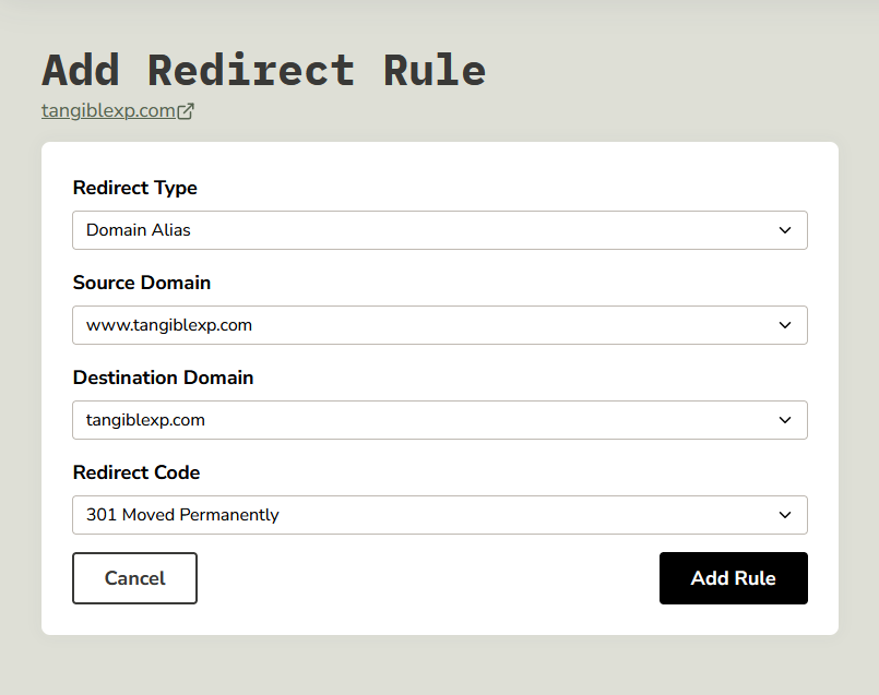 Navigate to the Redirect Rules panel by clicking the "Manage Redirects" button at the bottom of the Domains panel