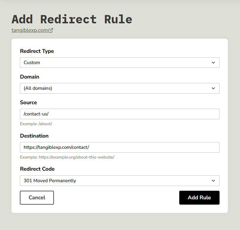 Navigate to the Redirect Rules panel by clicking the "Manage Redirects" button at the bottom of the Domains panel
