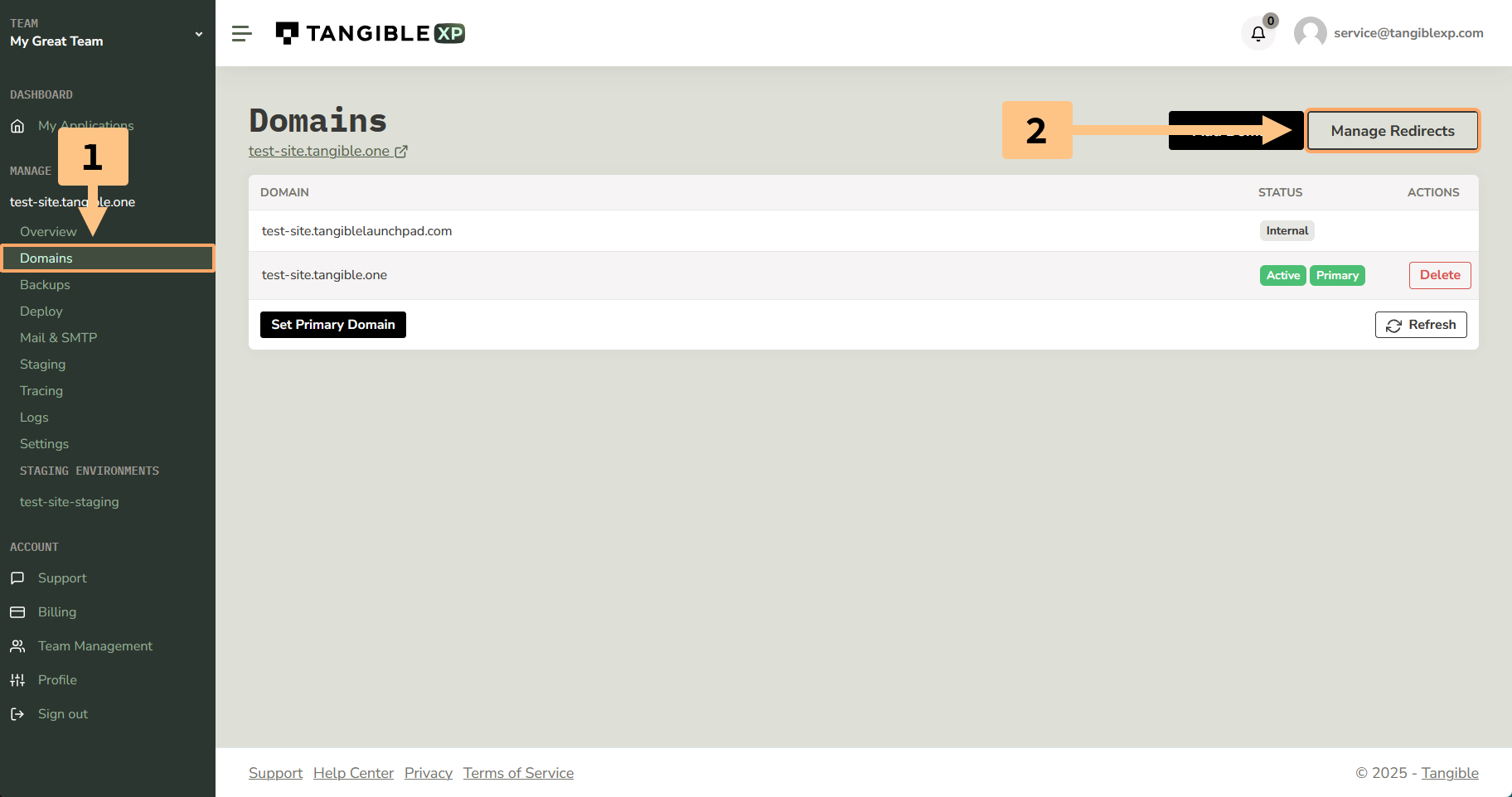 Navigate to the Redirect Rules panel by clicking the "Manage Redirects" button at the bottom of the Domains panel