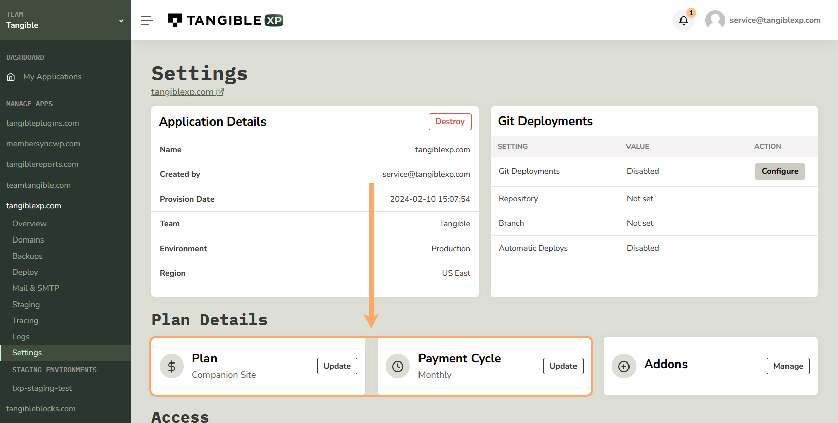 Billing controls available on the application Settings page