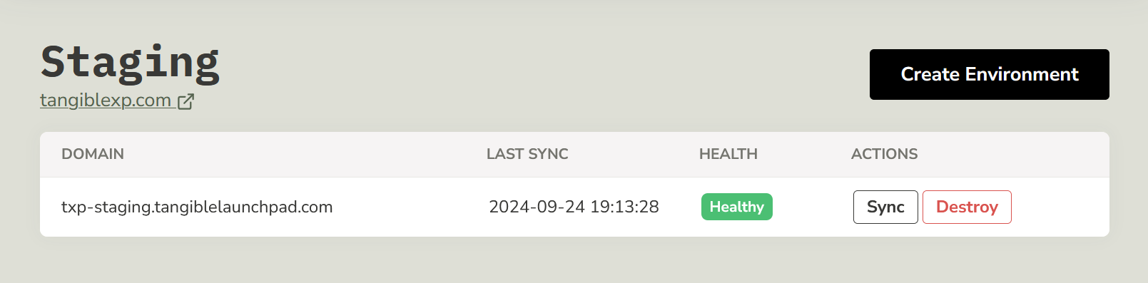 The staging management panel for a single environment.