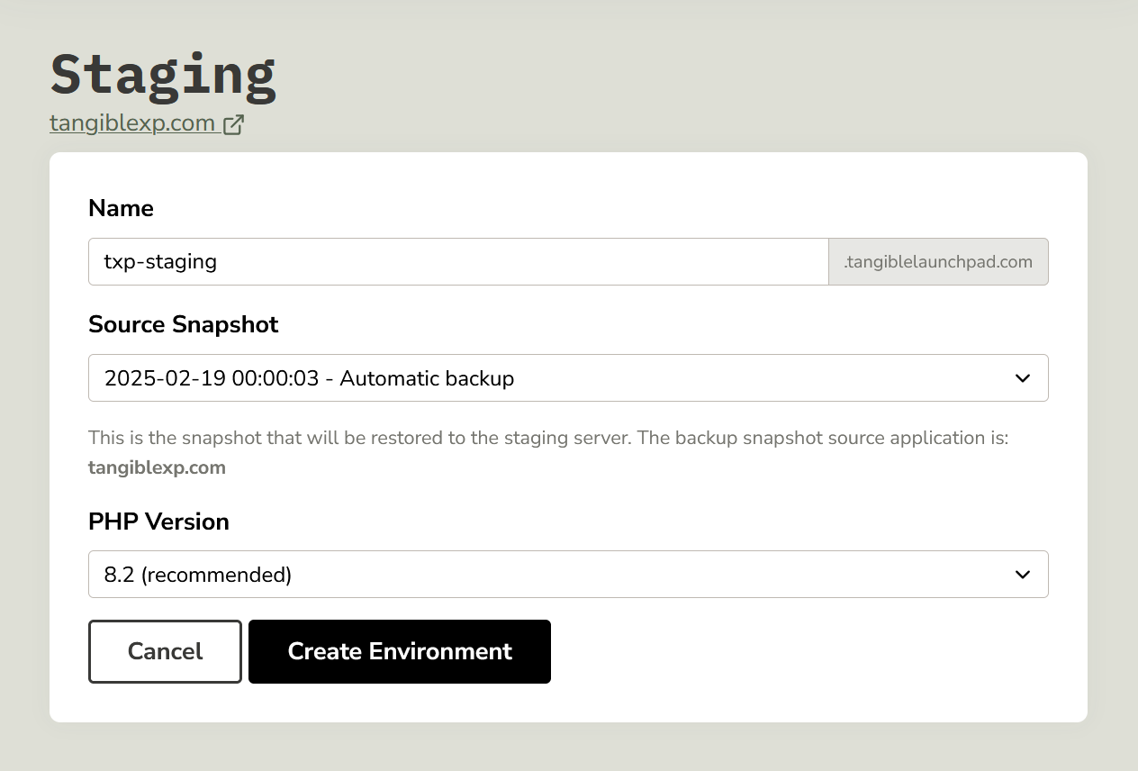 The Staging Environment Creation form