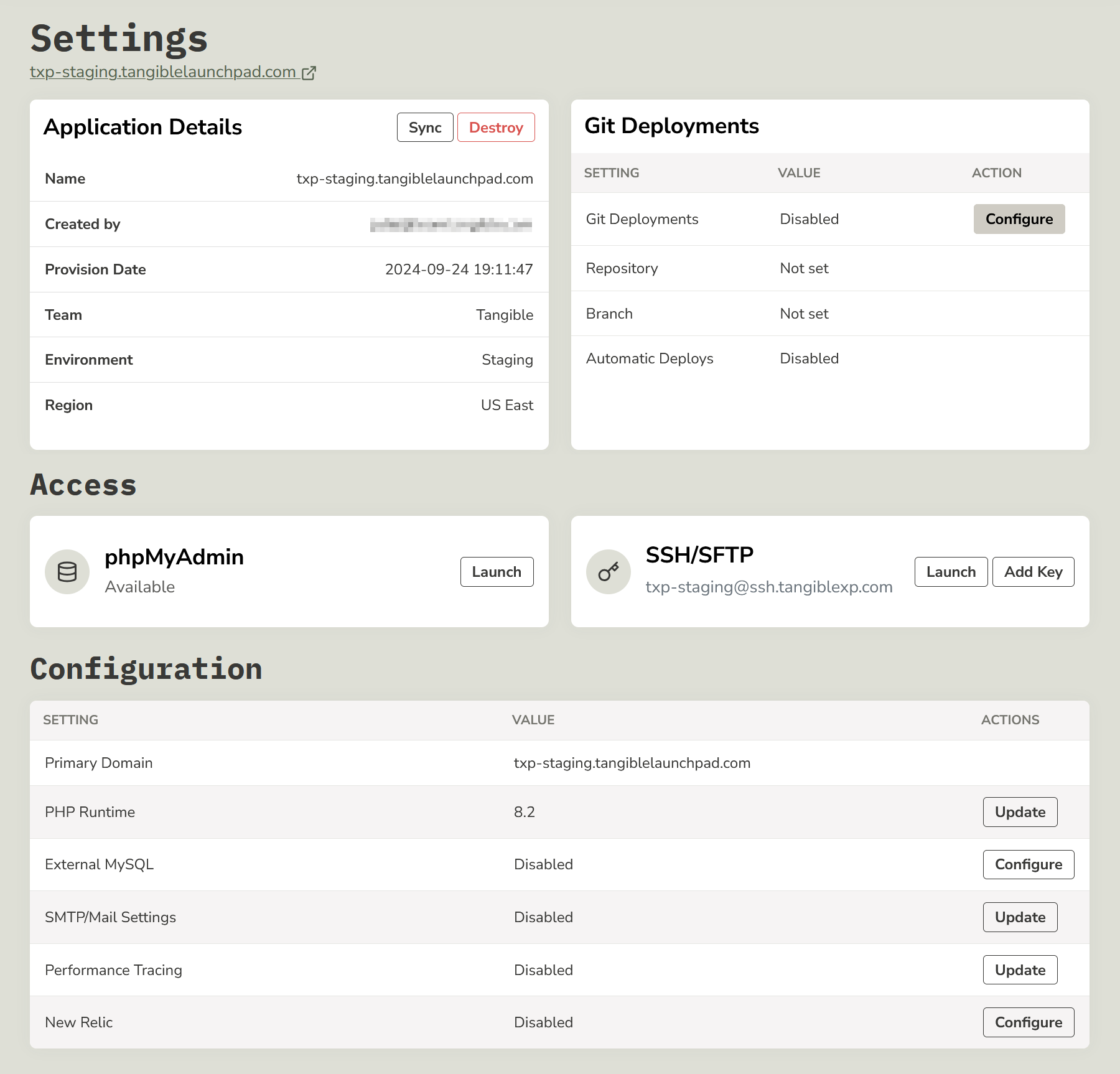 The staging environment settings panel