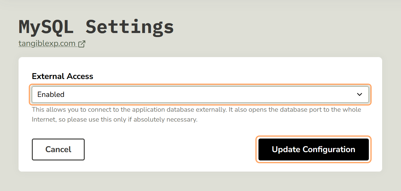 External MySQL Update Cofiguration