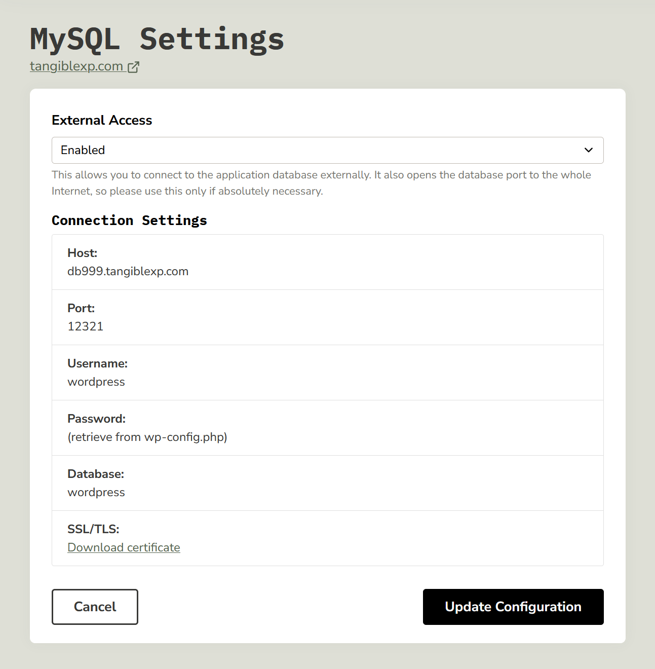 External MySQL Connection Settings