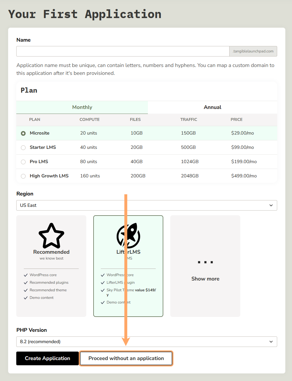 Interface to create your first application